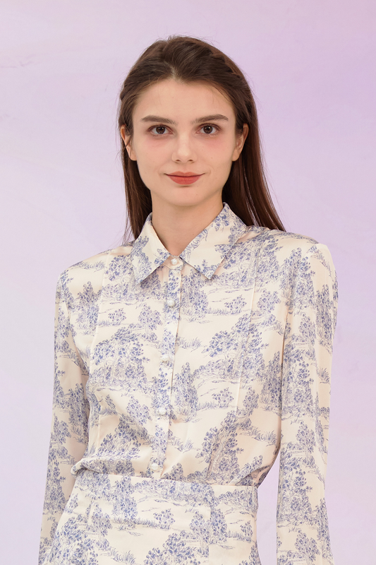 Glynis Blue Print Long Sleeve Top
