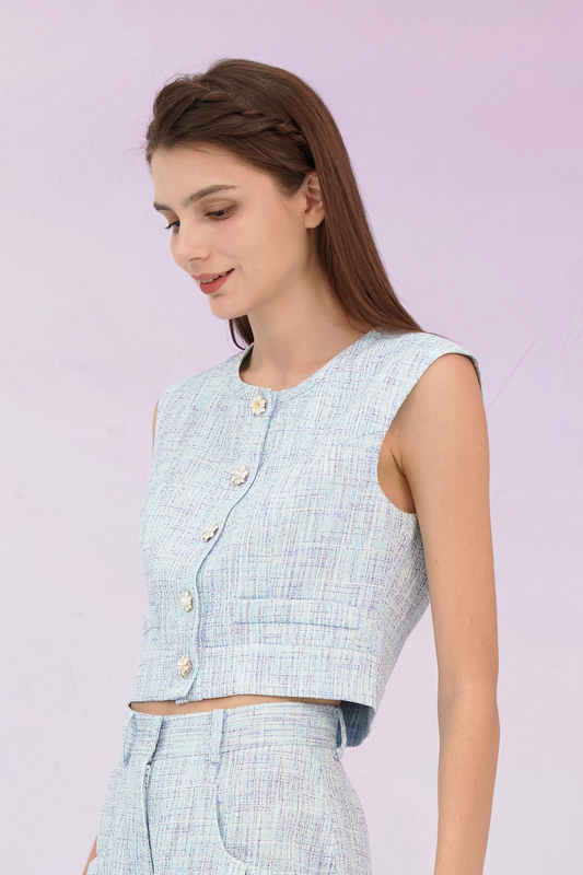 Gargi Blue Tweed Sleeveless Top