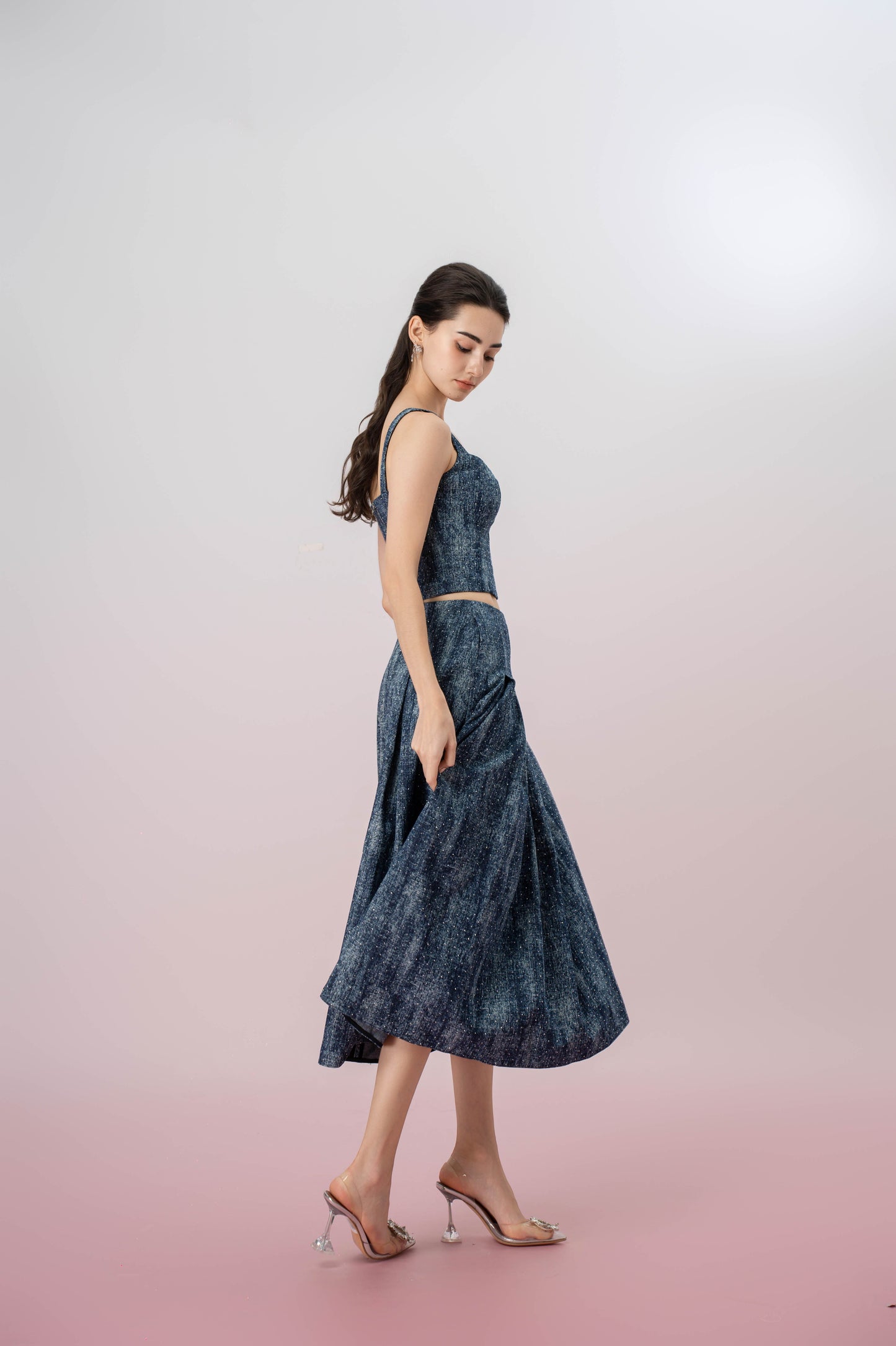 Giovana Twinkle Dark Blue Denim Pleated A-line Skirt