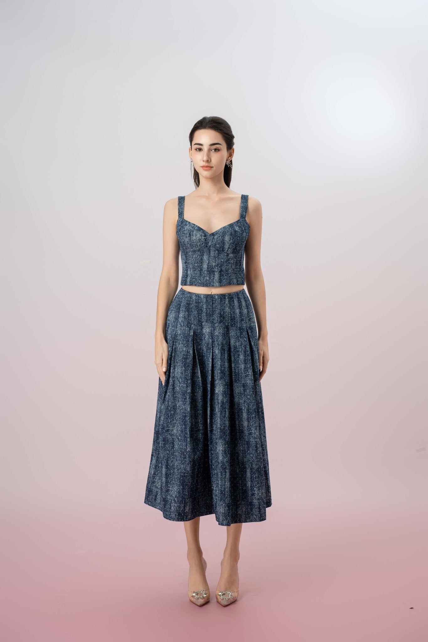 Giovana Twinkle Dark Blue Denim Pleated A - line Skirt - Nimisski