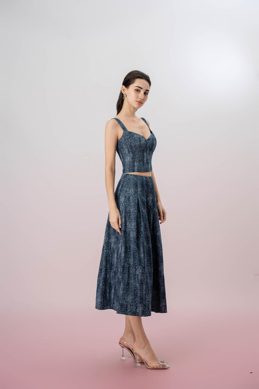 Giovana Twinkle Dark Blue Denim Pleated A-line Skirt