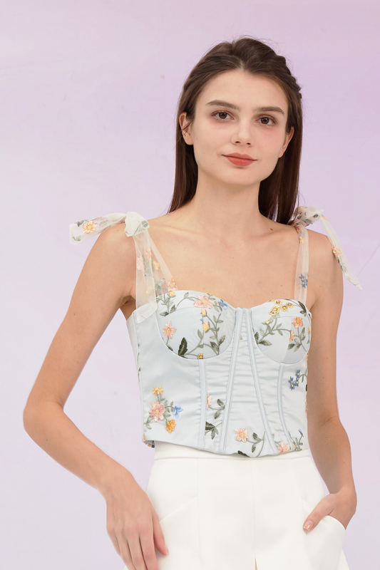Grainne Pastel Blue Flower Tulle Top
