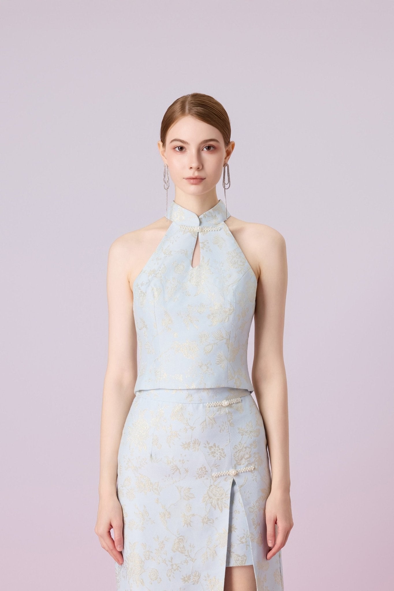 Gilana Light Blue Jacquard Halter Top - Nimisski