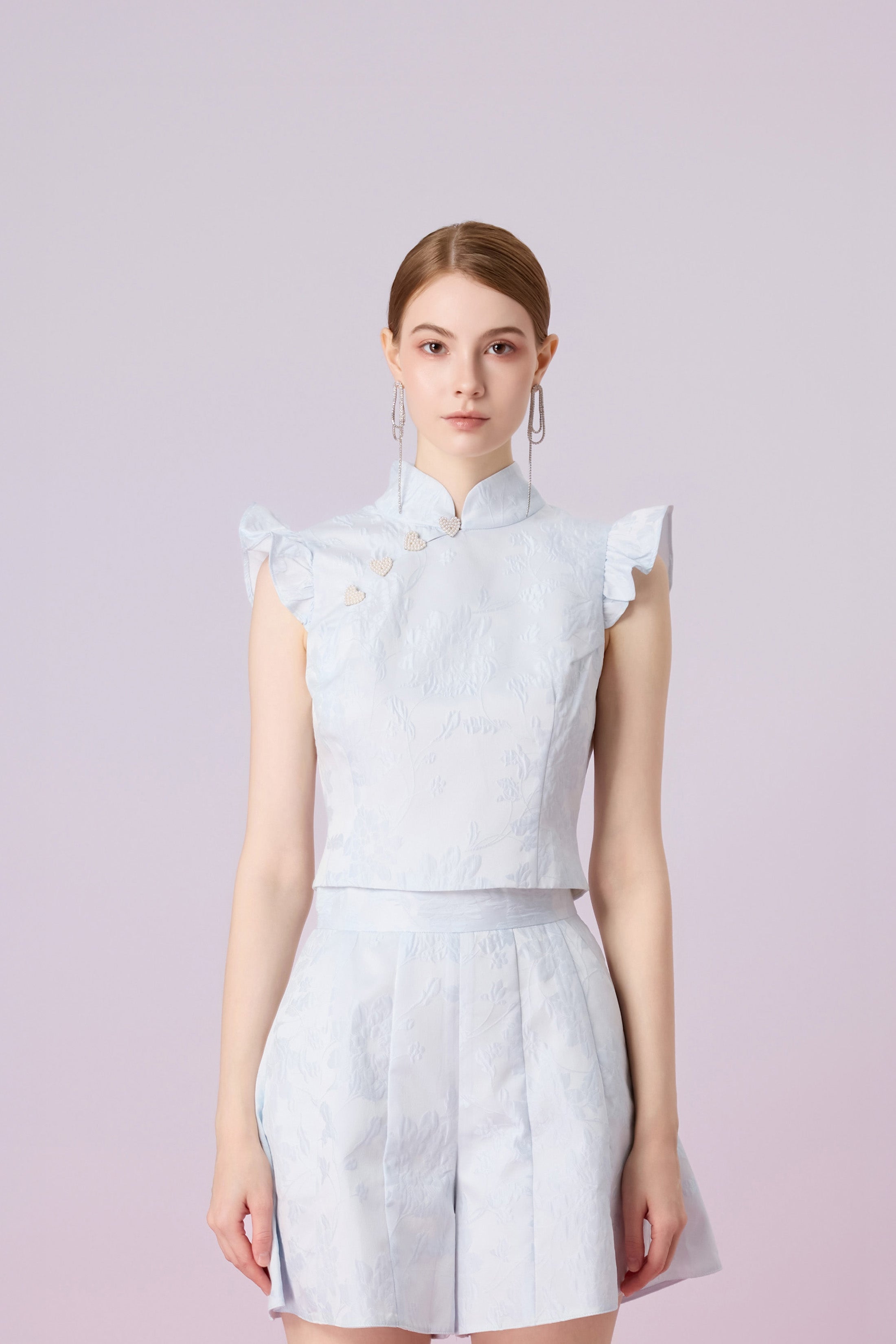 Gwenith Blue Jacquard Mandarin Collar Top