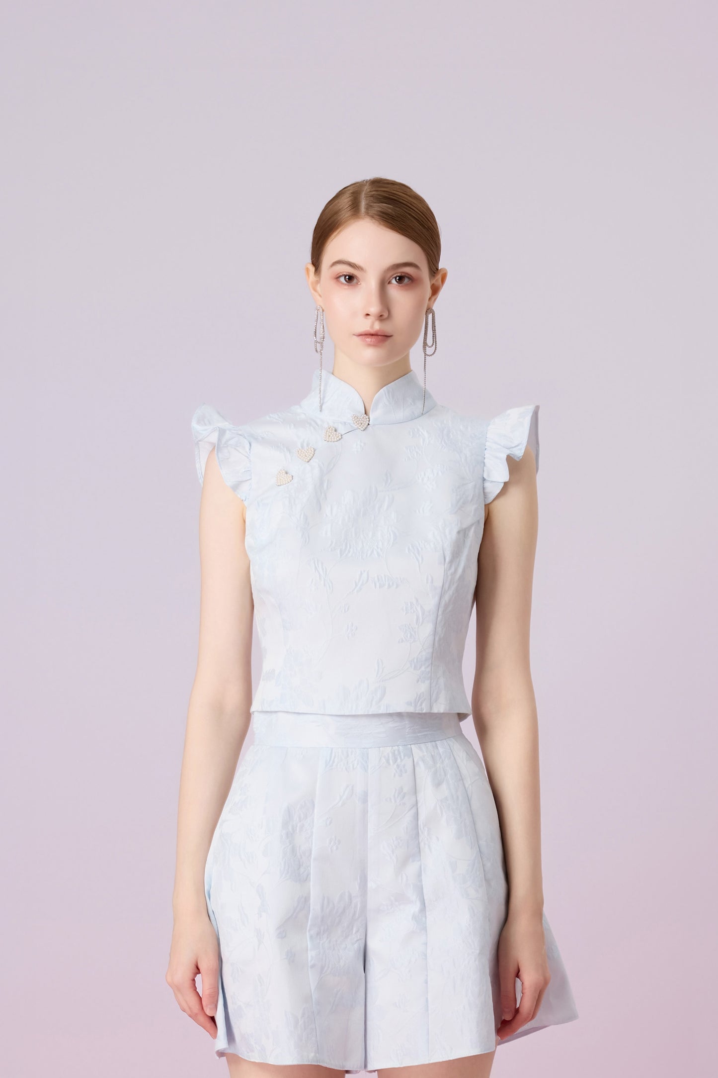 Gwenith Blue Jacquard Mandarin Collar Top