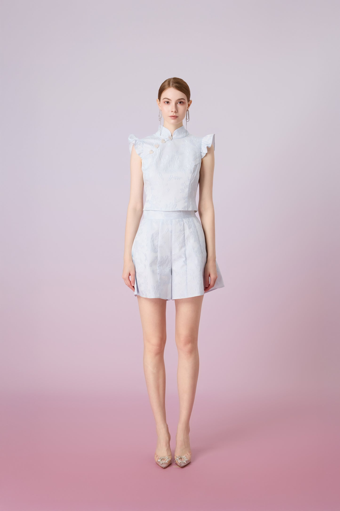 Gwenith Blue Jacquard Mandarin Collar Top