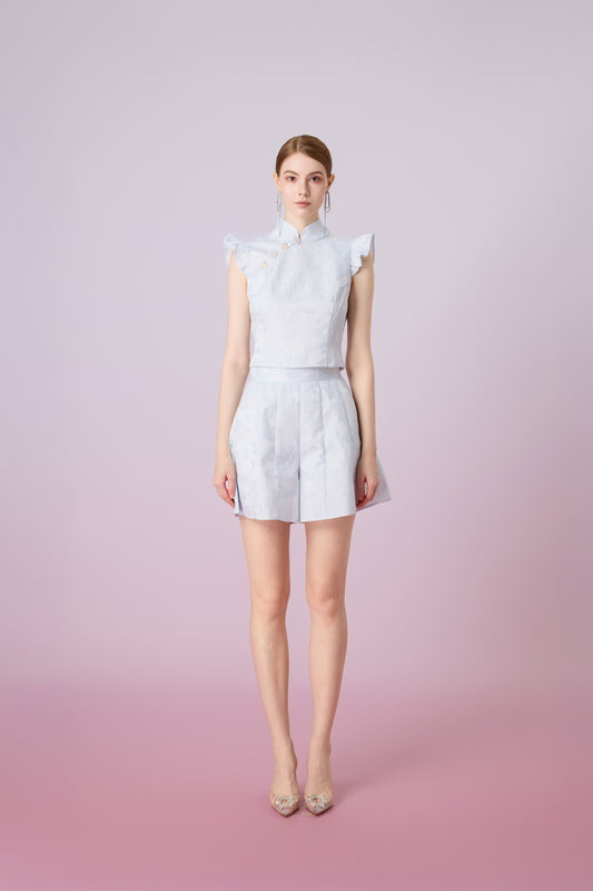 Gwenith Blue Jacquard Mandarin Collar Top