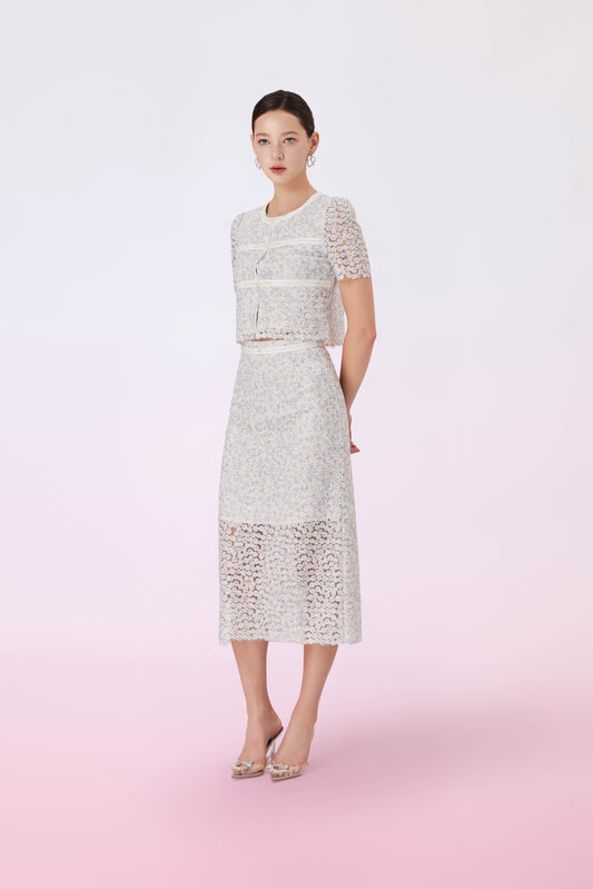 Giliana Light Blue Floral Lace Pencil Skirt