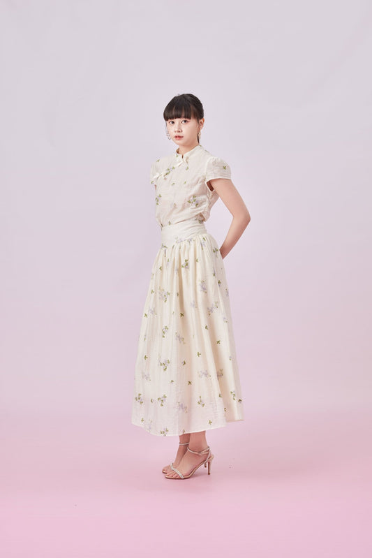 Giordana Purple Floral Emboss Cream Skirt - Nimisski