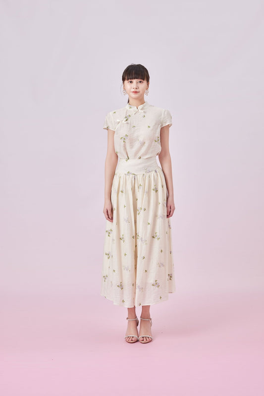 Giordana Purple Floral Emboss Cream Mandarin Collar Top - Nimisski