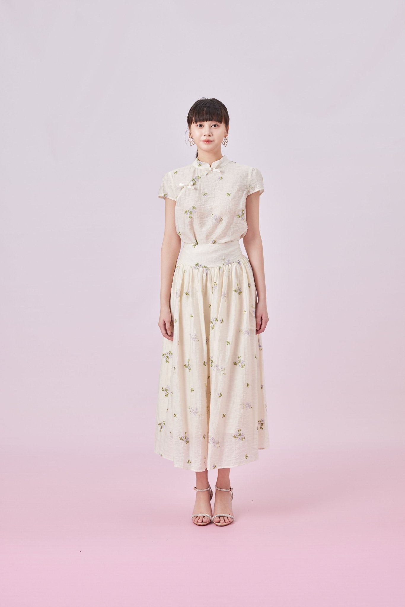 Giordana Purple Floral Emboss Cream Skirt - Nimisski