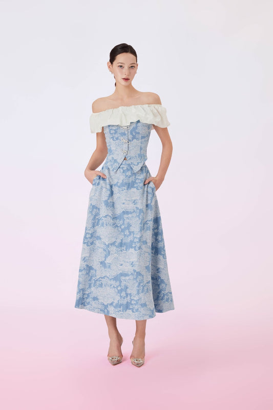 Geenya Blue Printed Denim Off - Shoulder Top - Nimisski