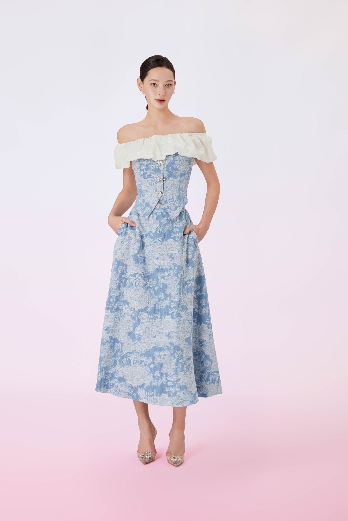 Geenya Blue Printed Denim A - Line Skirt - Nimisski