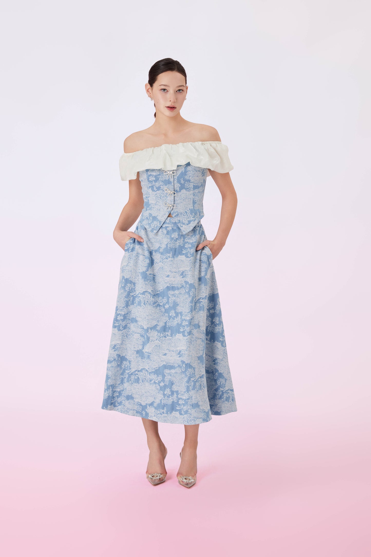 Geenya Blue Printed Denim A-Line Skirt