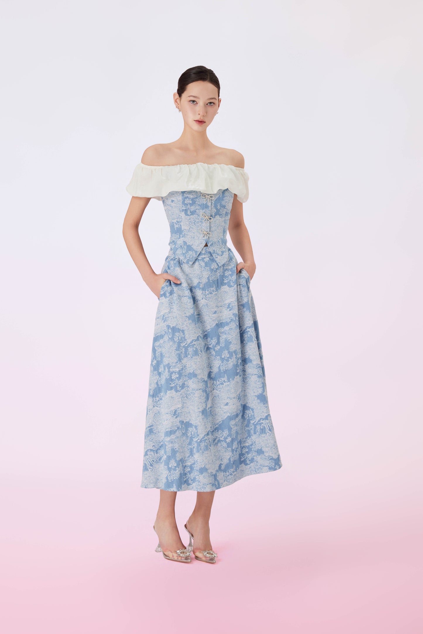 Geenya Blue Printed Denim A-Line Skirt