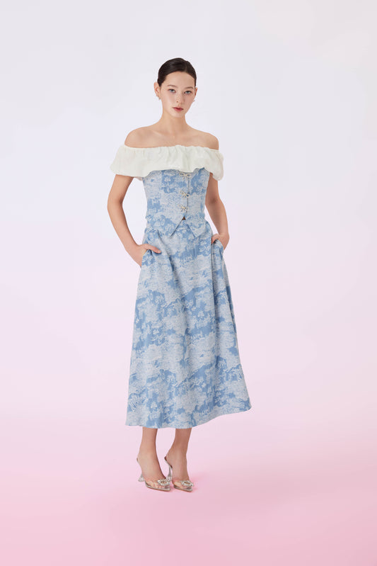 Geenya Blue Printed Denim A-Line Skirt