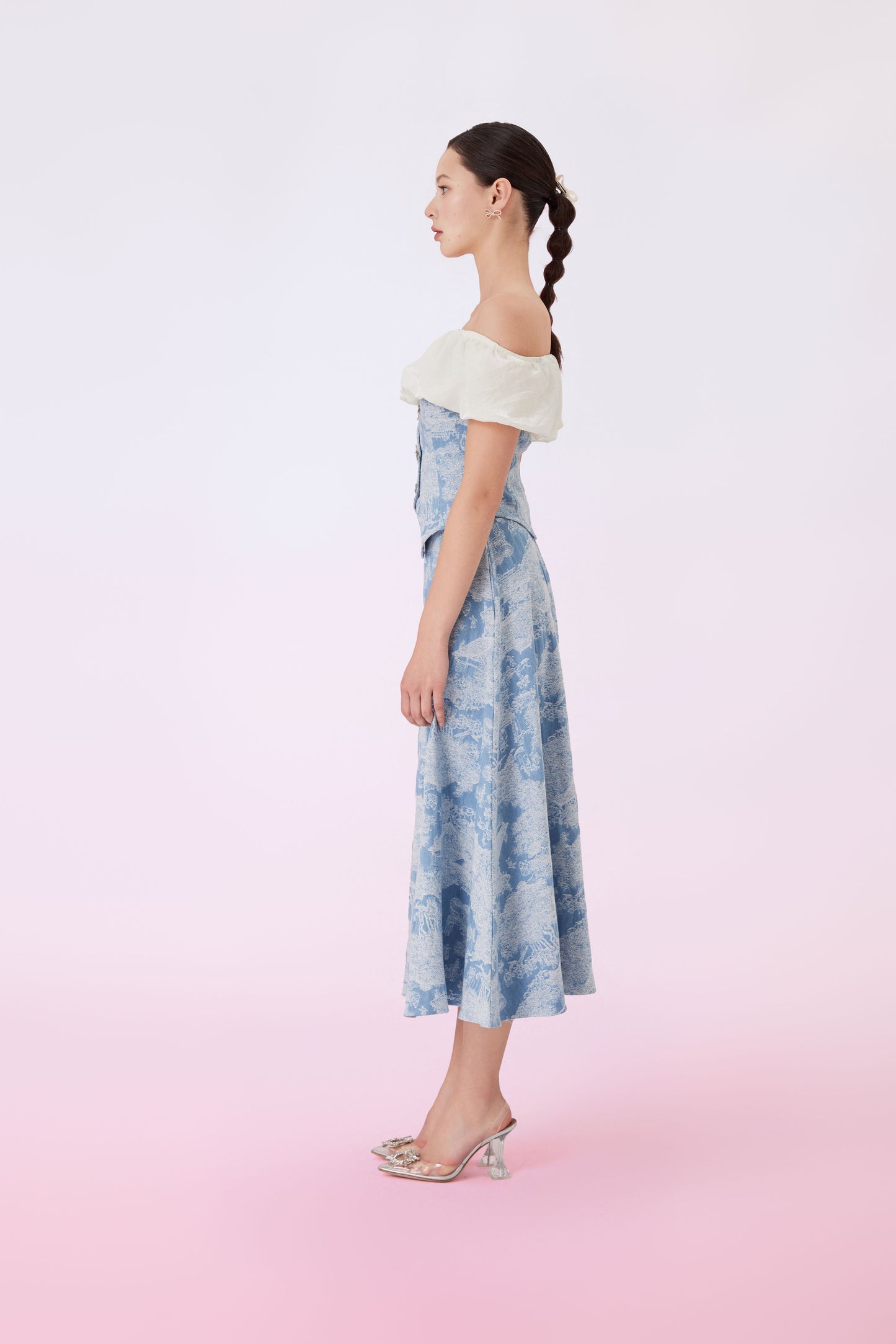 Geenya Blue Printed Denim A-Line Skirt