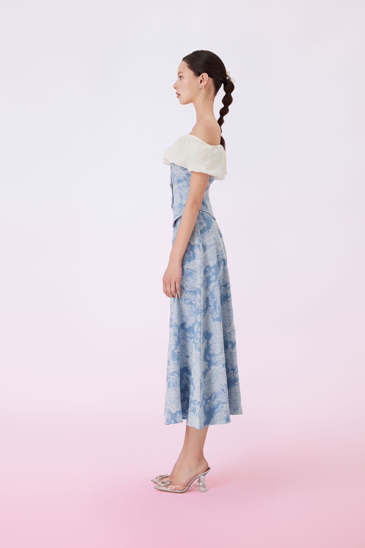 Geenya Blue Printed Denim A-Line Skirt