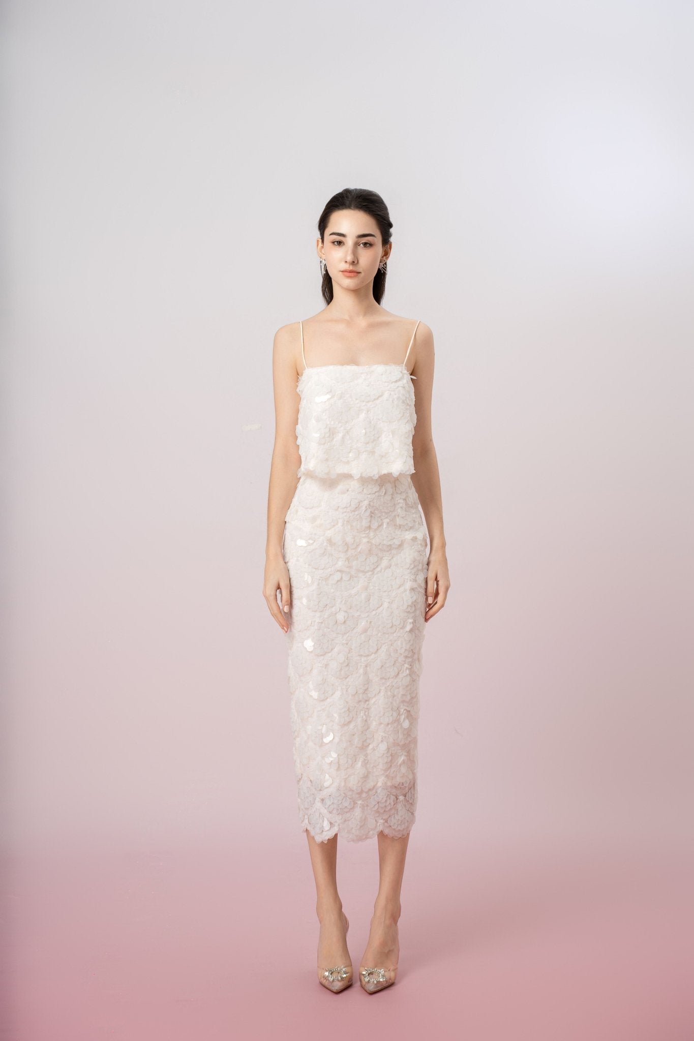 Gabriellen White Sequins Pencil Skirt - Nimisski