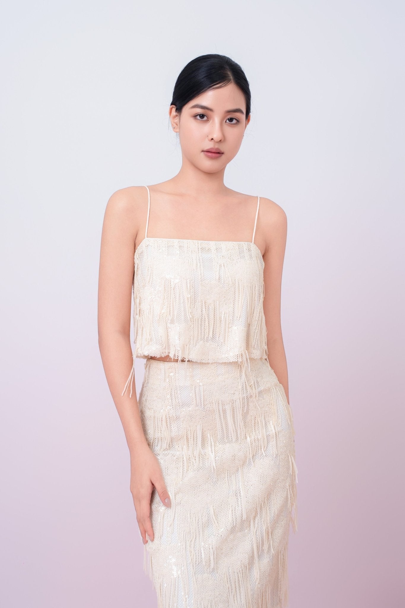 Gabriellen Beige Fringe Spaghetti Top - Nimisski