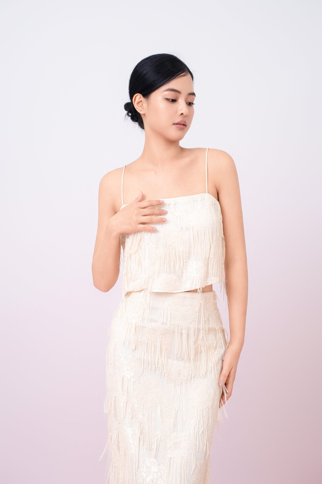 Gabriellen Beige Fringe Spaghetti Top - Nimisski