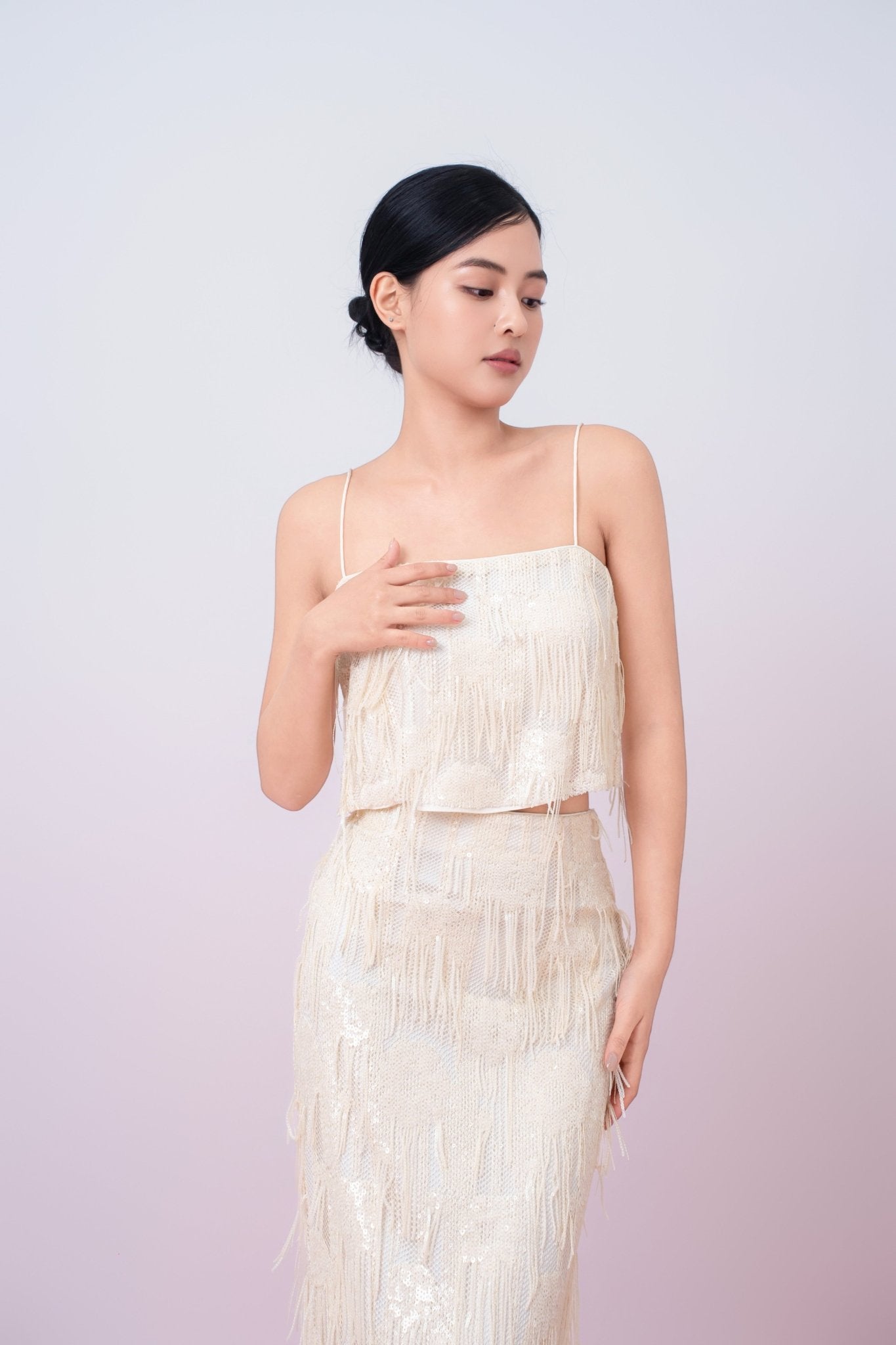 Gabriellen Beige Fringe Spaghetti Top - Nimisski