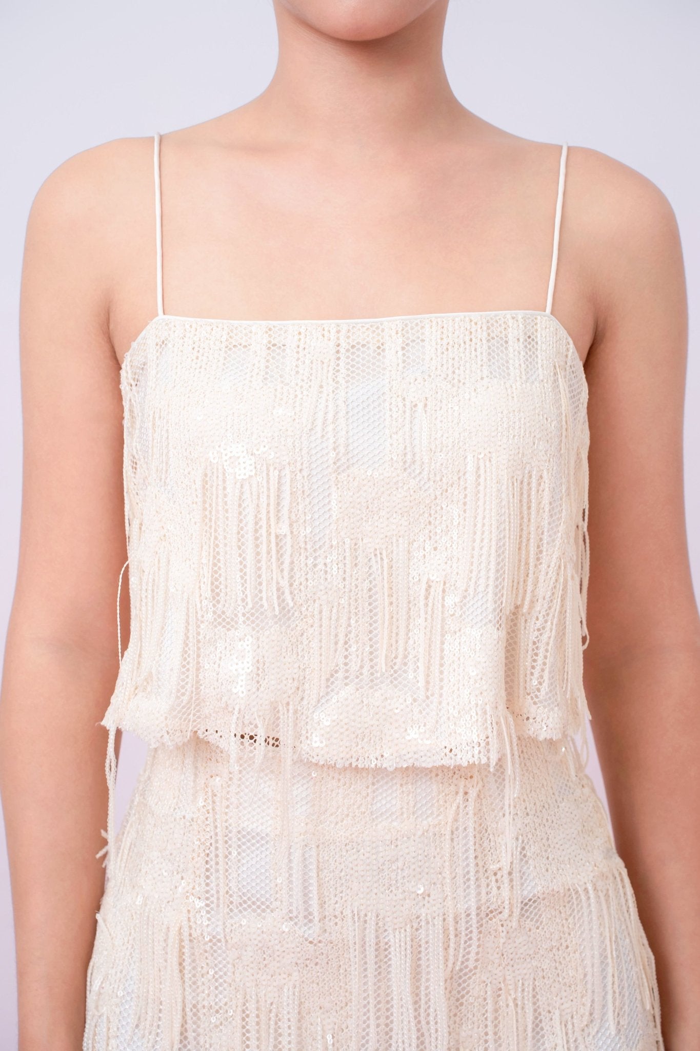 Gabriellen Beige Fringe Spaghetti Top - Nimisski