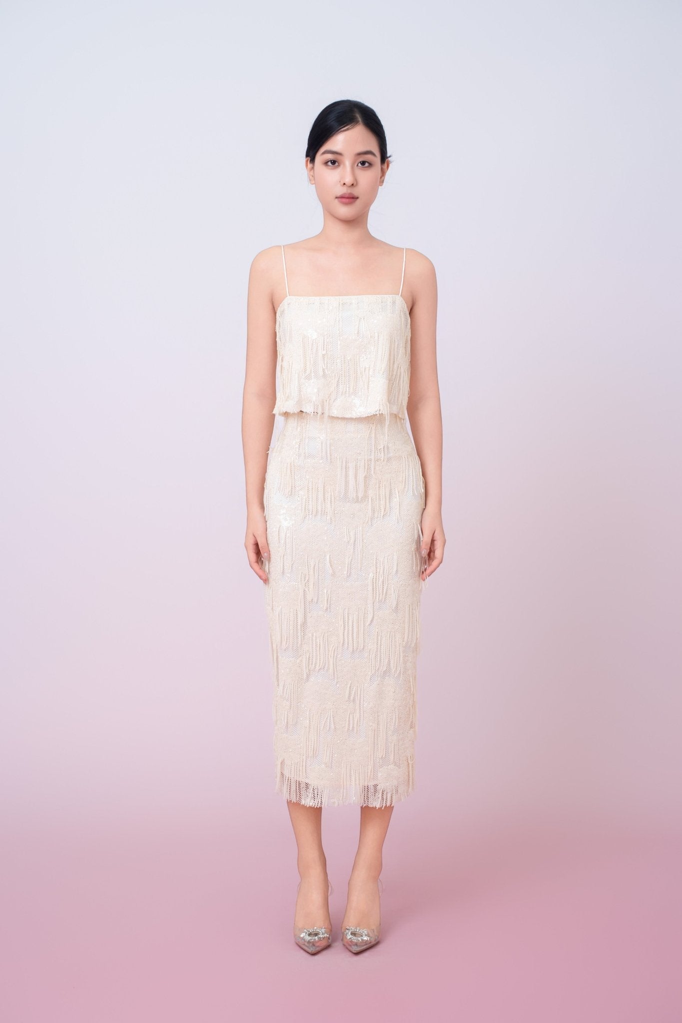 Gabriellen Beige Fringe Spaghetti Top - Nimisski