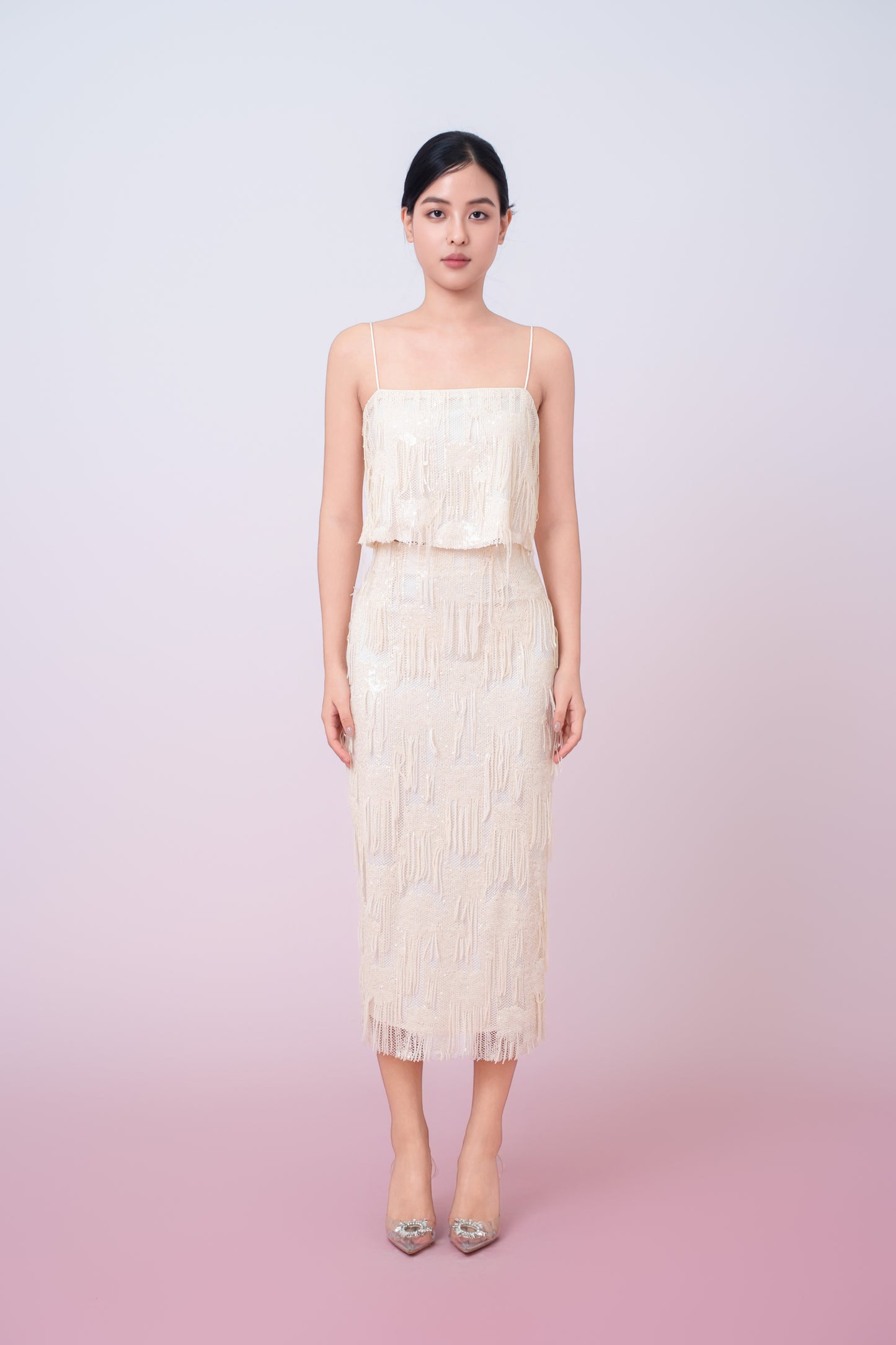 Gabriellen Beige Fringe Pencil Skirt