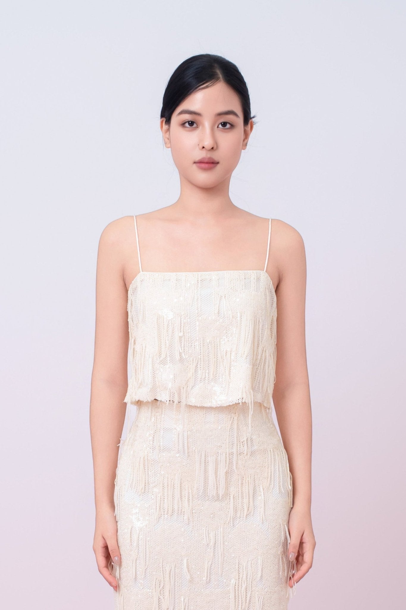 Gabriellen Beige Fringe Spaghetti Top - Nimisski