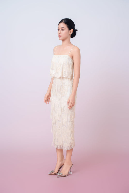 Gabriellen Beige Fringe Pencil Skirt - Nimisski