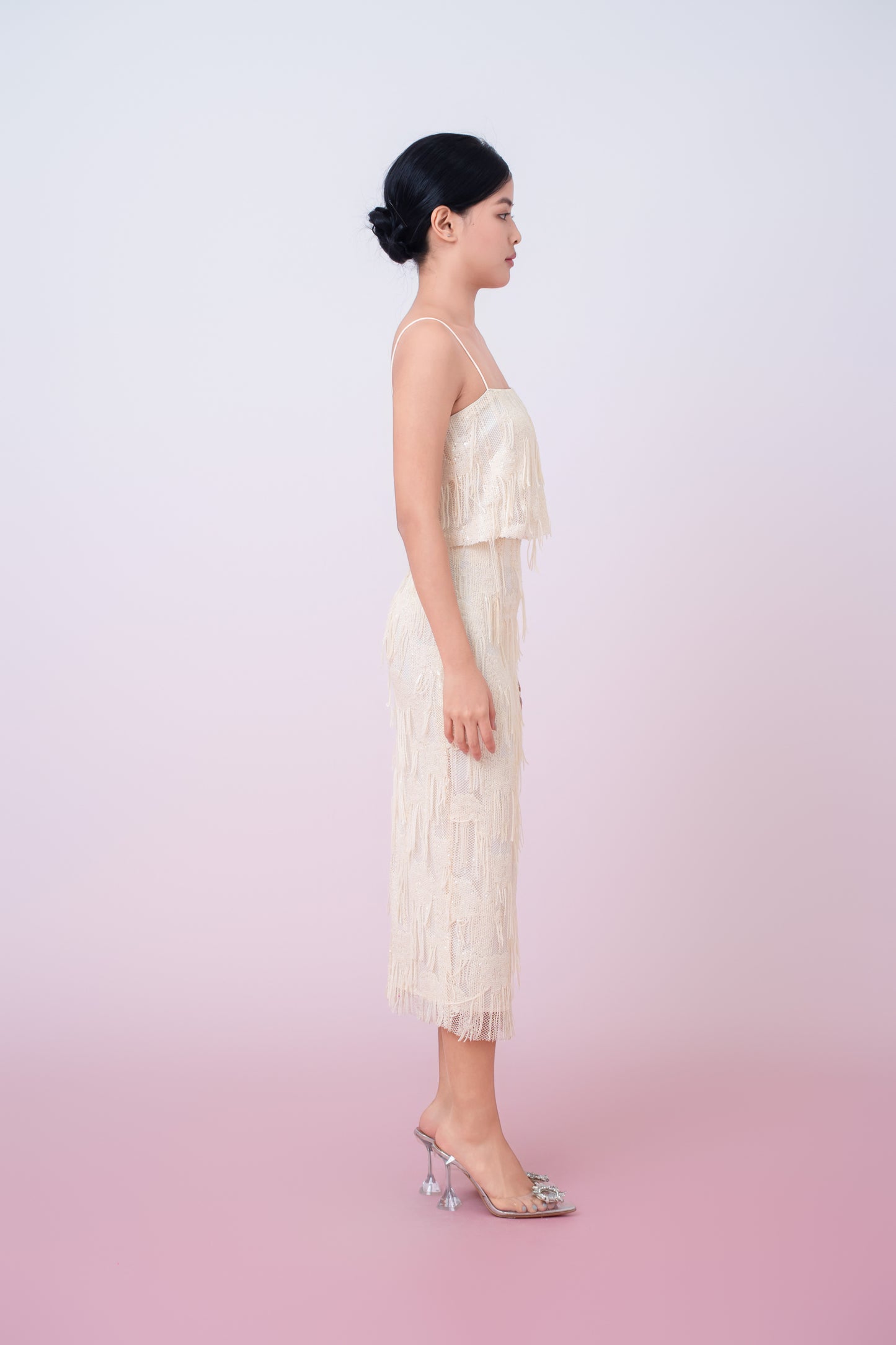 Gabriellen Beige Fringe Pencil Skirt