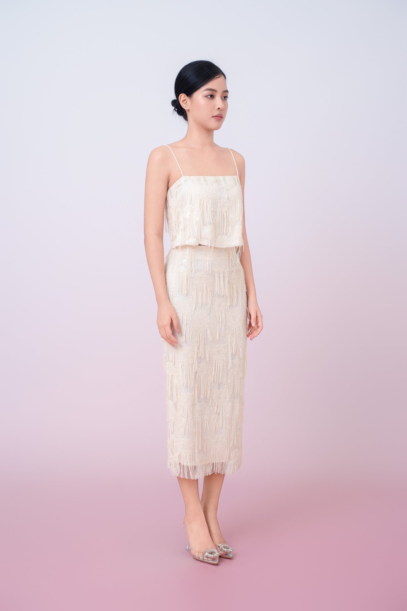 Gabriellen Beige Fringe Spaghetti Top - Nimisski