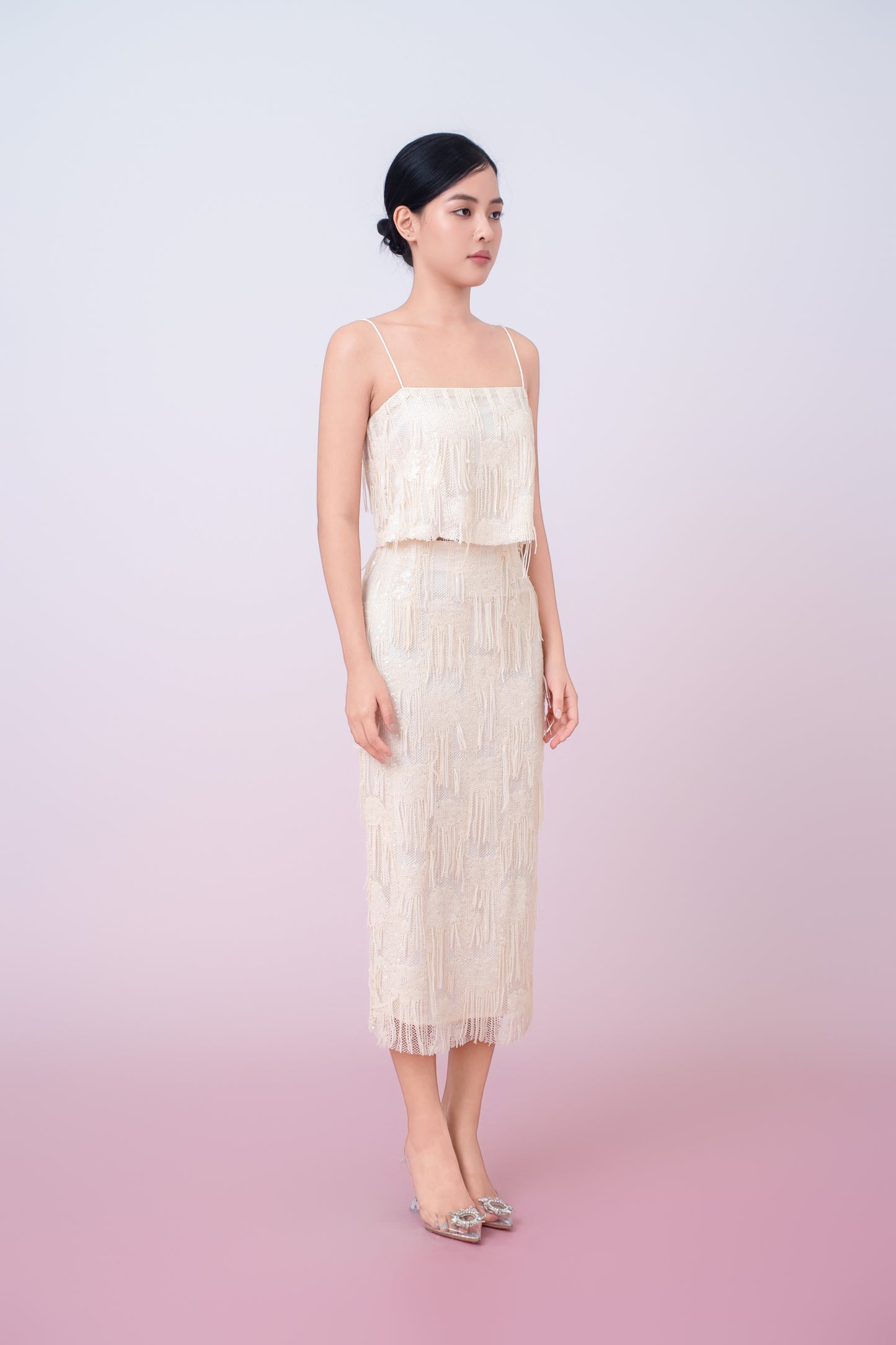 Gabriellen Beige Fringe Pencil Skirt
