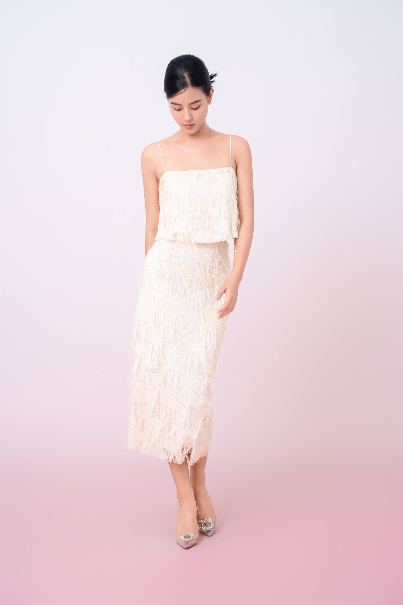 Gabriellen Beige Fringe Pencil Skirt - Nimisski