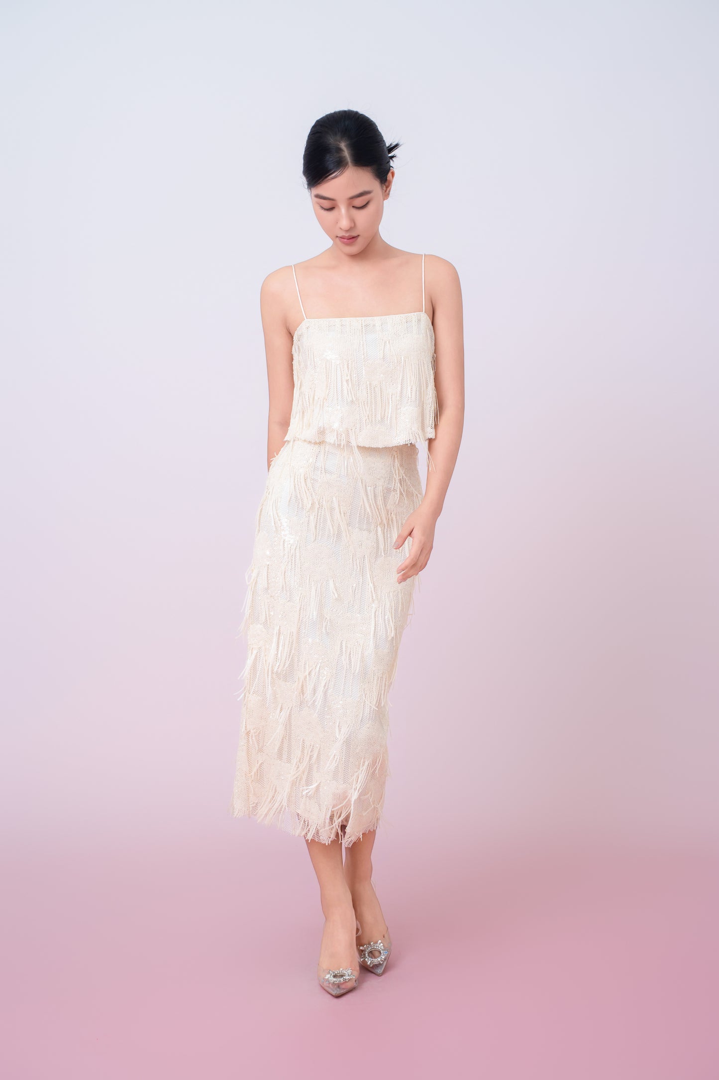 Gabriellen Beige Fringe Pencil Skirt