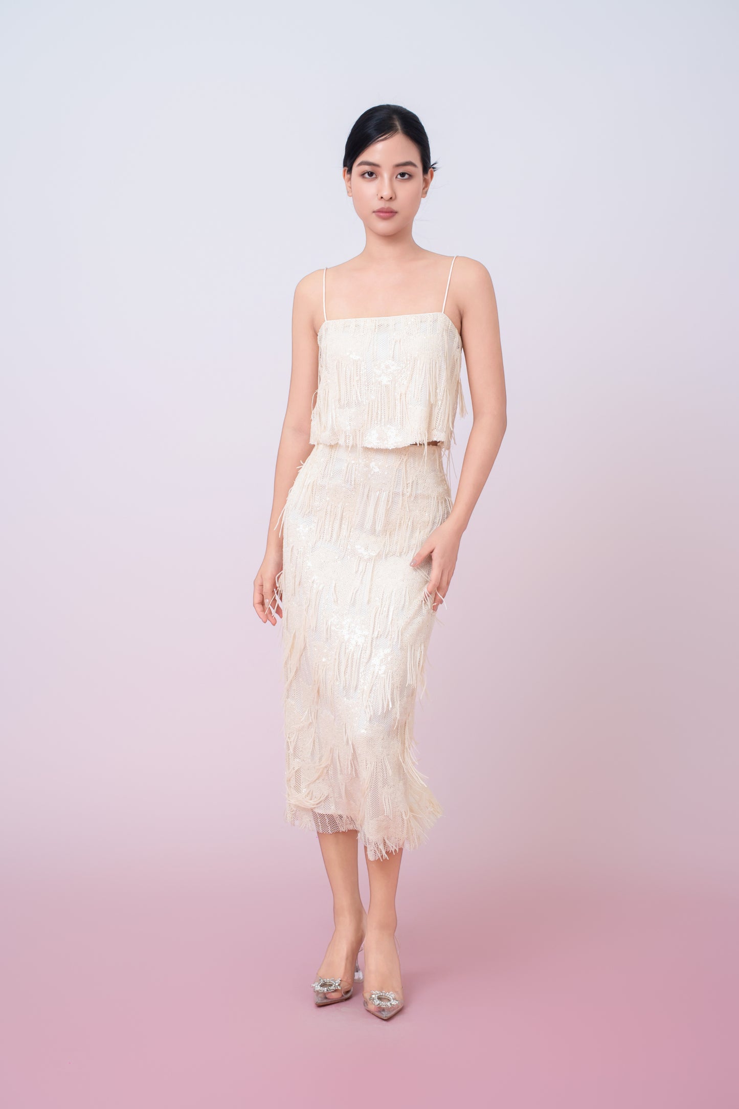 Gabriellen Beige Fringe Pencil Skirt