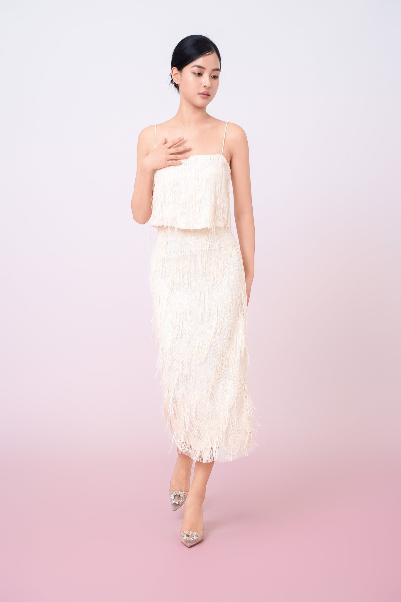 Gabriellen Beige Fringe Pencil Skirt - Nimisski