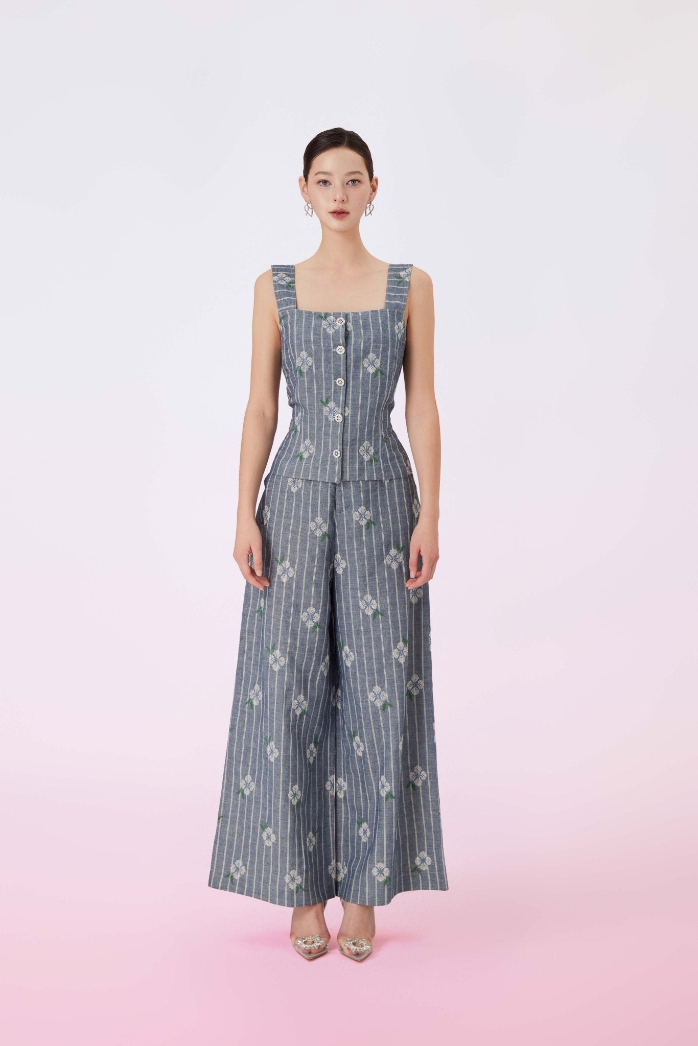 Geila White Emboss Blue Denim Wide Pants - Nimisski