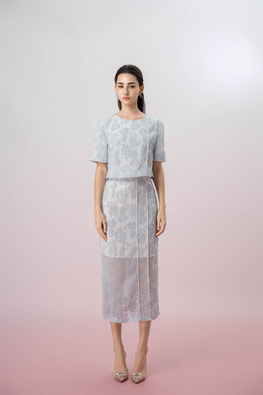 Gaylla Light Blue Rose Print Pencil Skirt