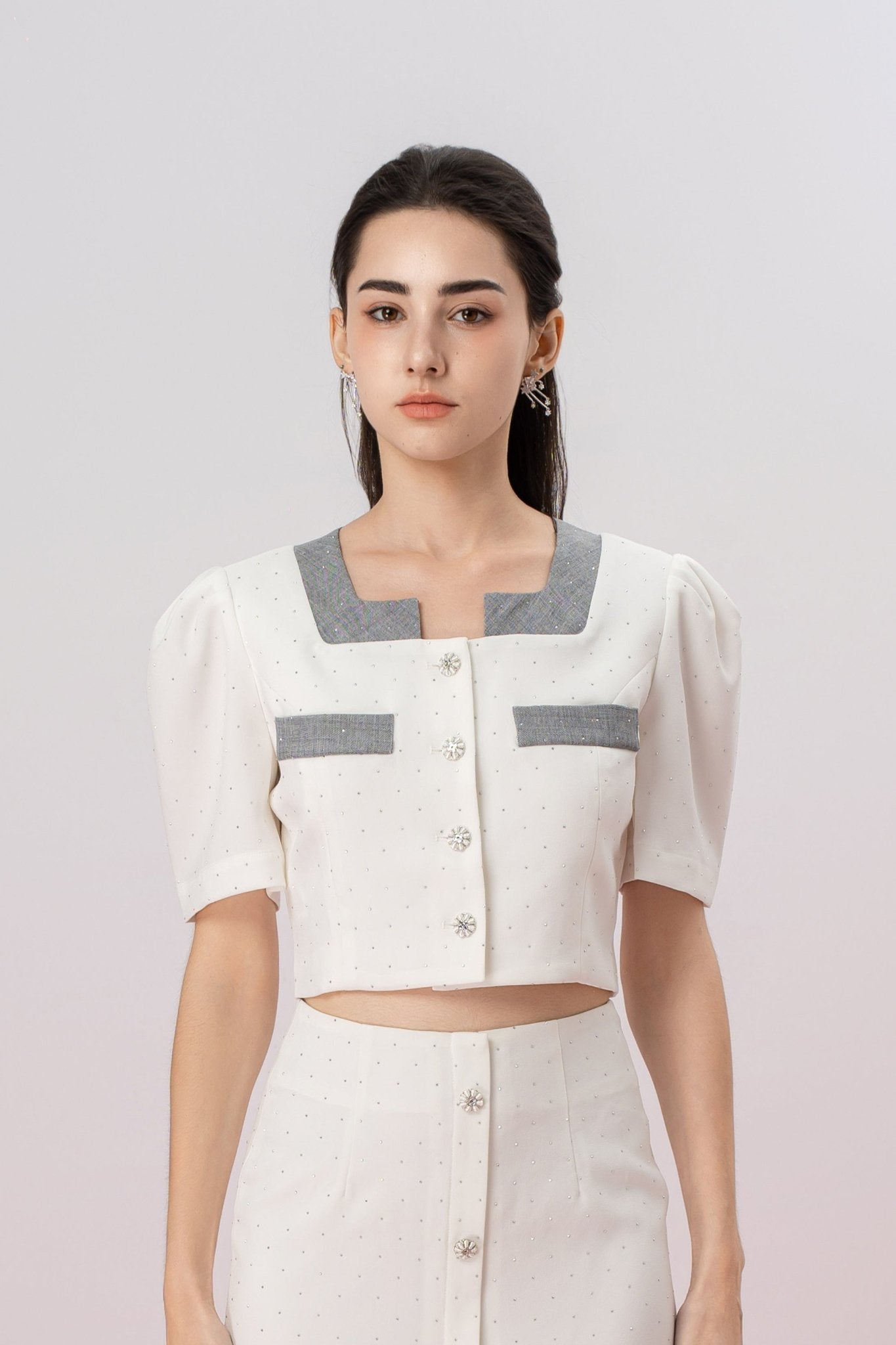 Ganah Twinkle White Square Neckline Top - Nimisski