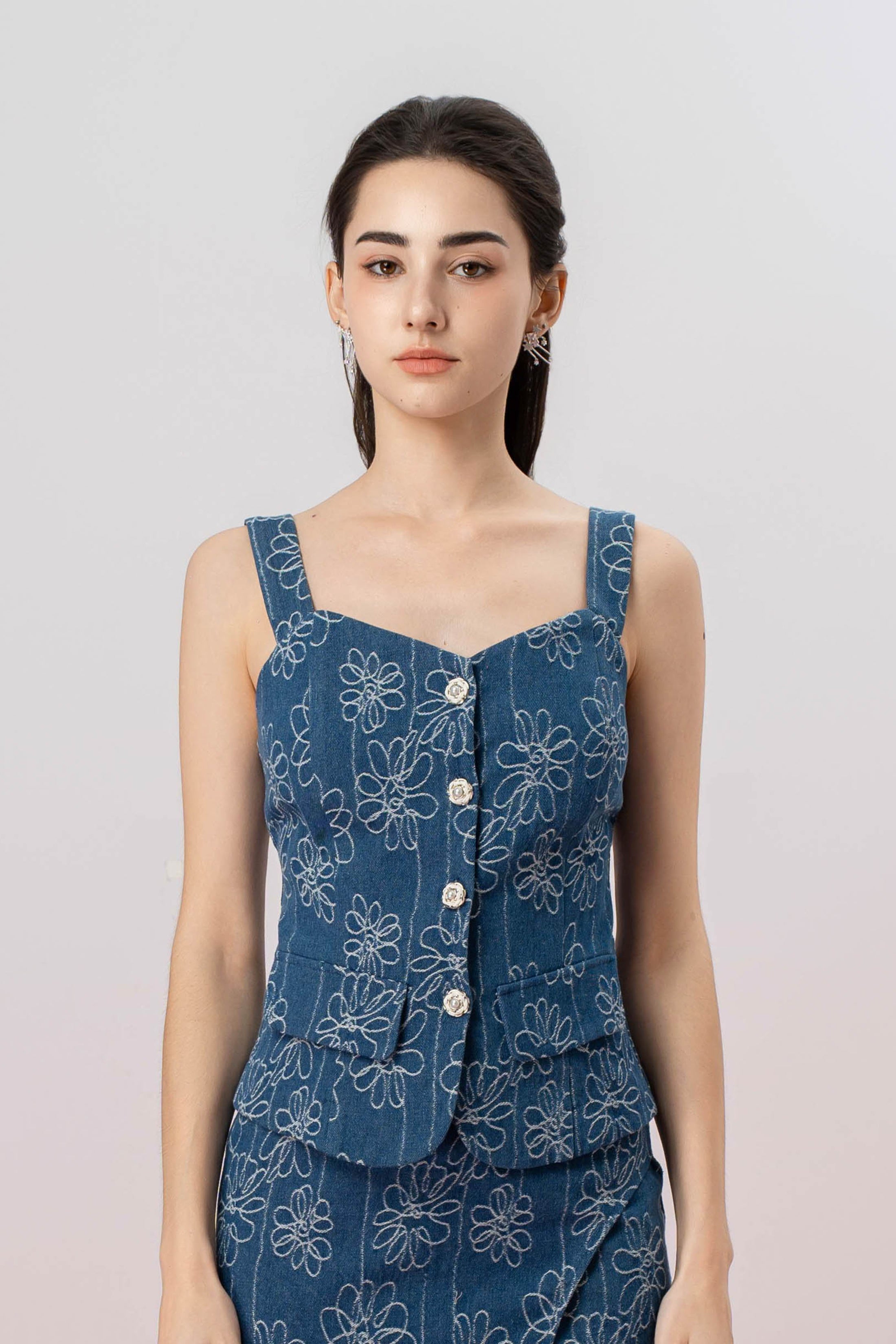 Gaybriel Blue Denim With Floral Embroidery Top