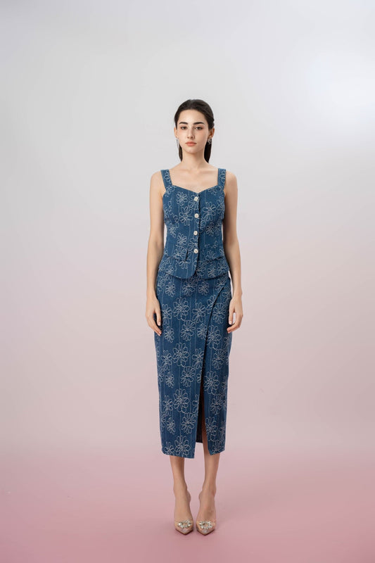 Gaybriel Blue Denim With Floral Embroidery Top - Nimisski