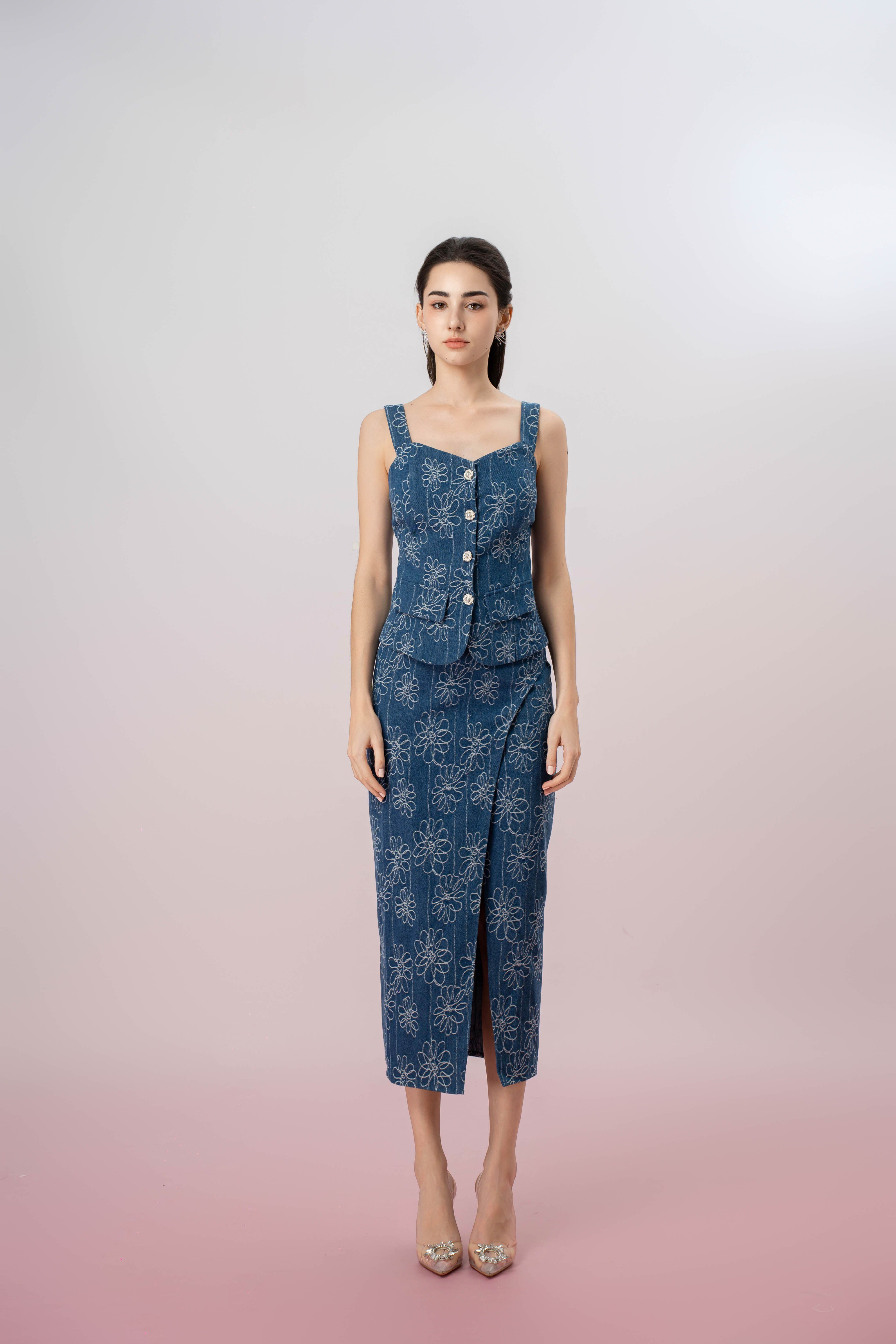 Gaybriel Blue Denim With Floral Embroidery Skirt