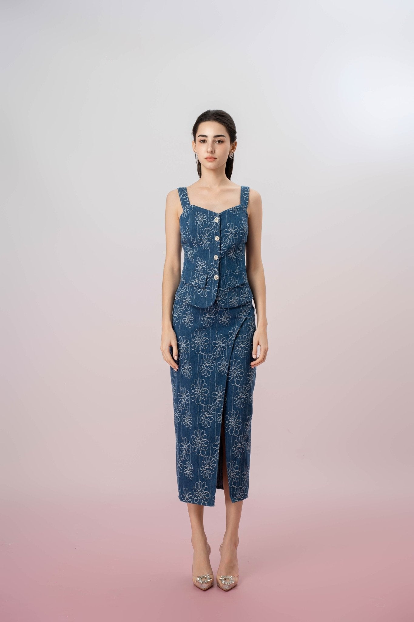 Gaybriel Blue Denim With Floral Embroidery Skirt - Nimisski