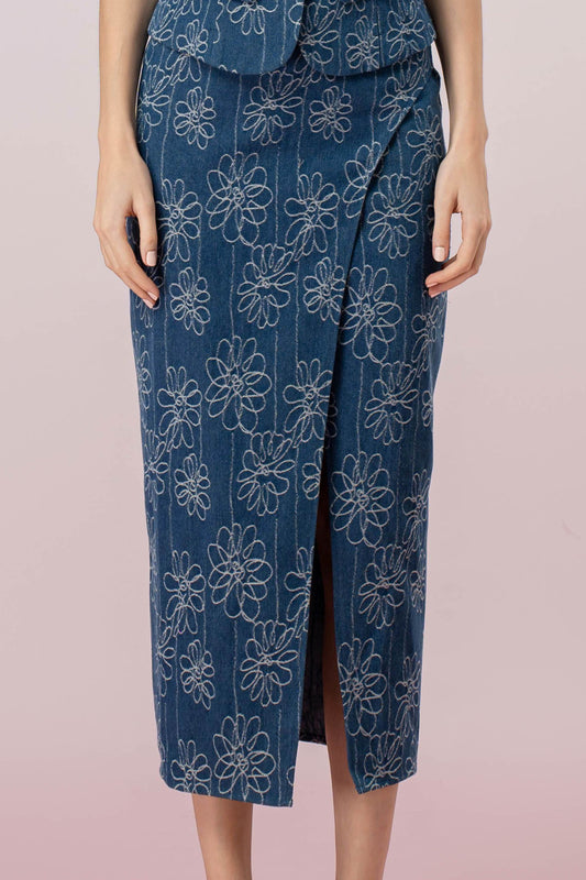 Gaybriel Blue Denim With Floral Embroidery Skirt