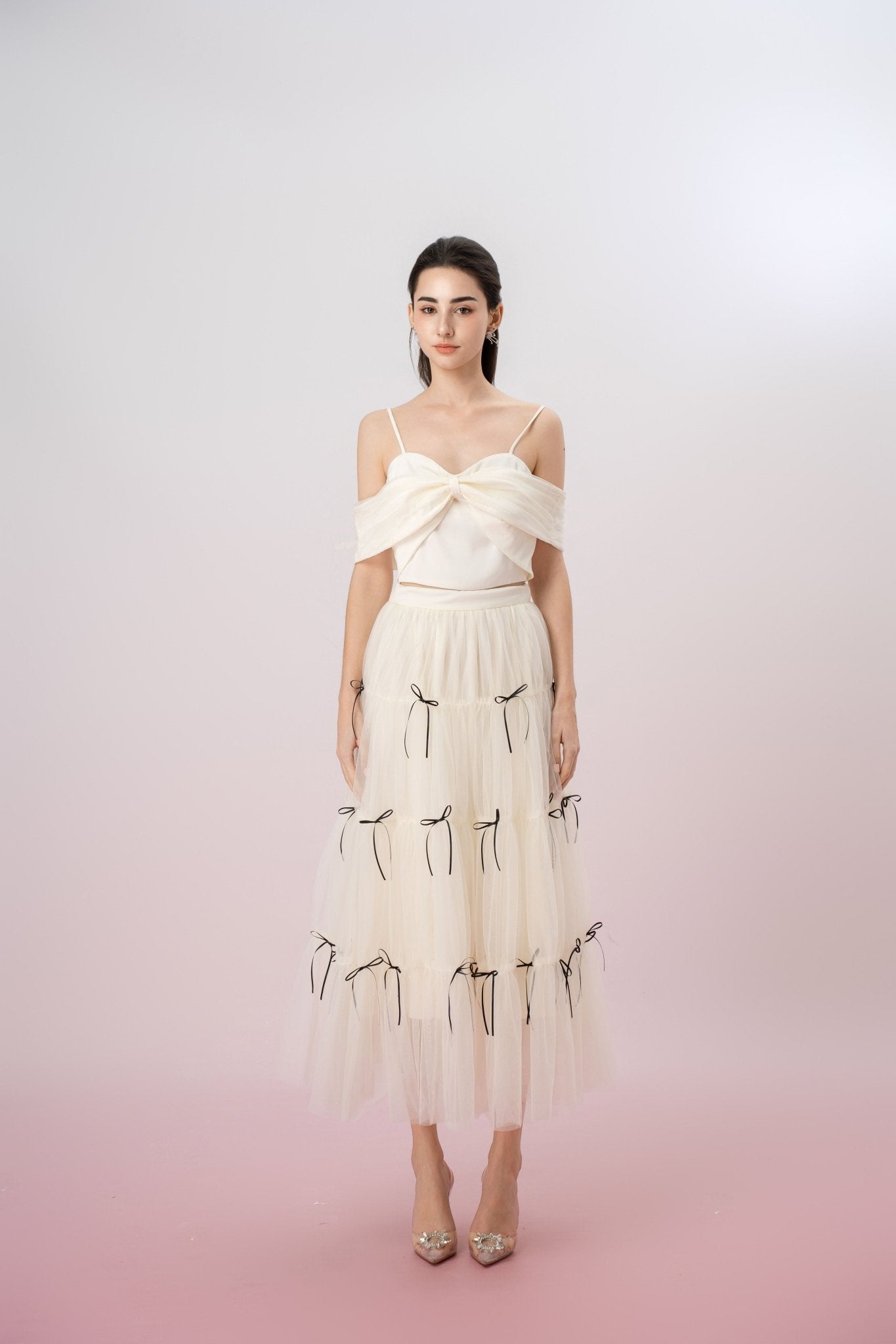 Huguette Cream Mesh With Ribbon Skirt - Nimisski