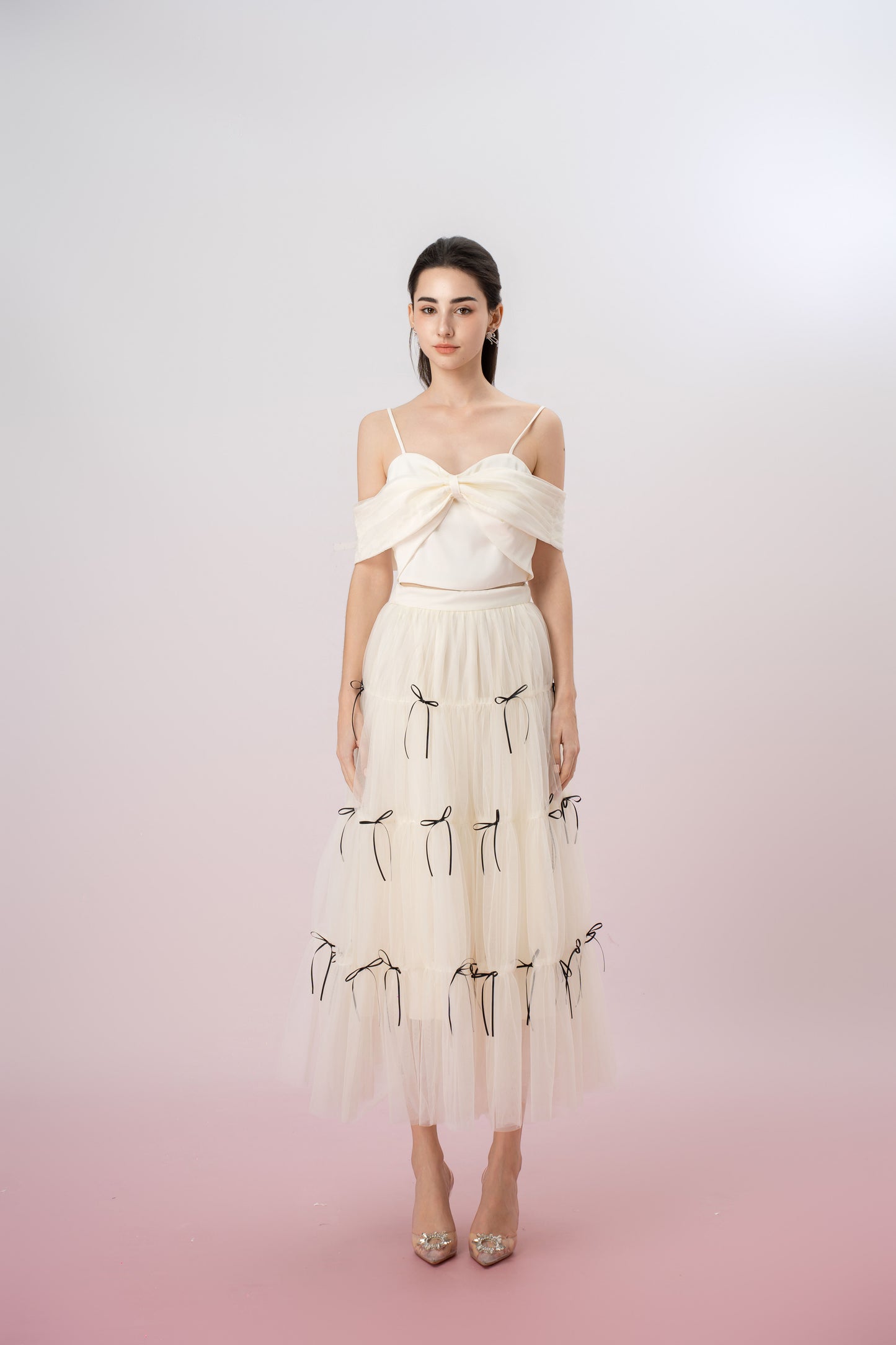 Huguette Cream Mesh With Ribbon Skirt