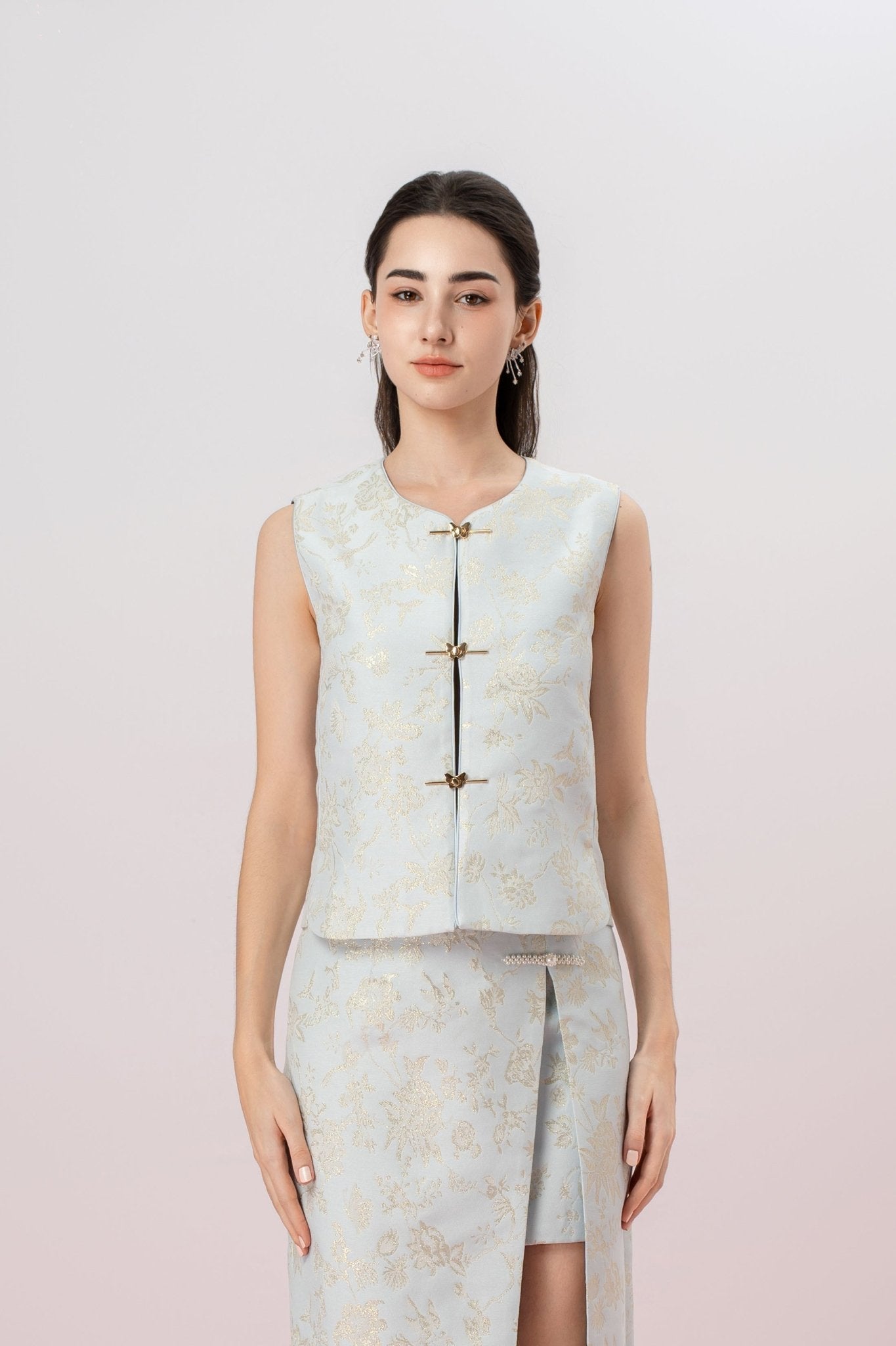 Gabrina Light Blue Butterfly Knot Sleeveless Jacket - Nimisski