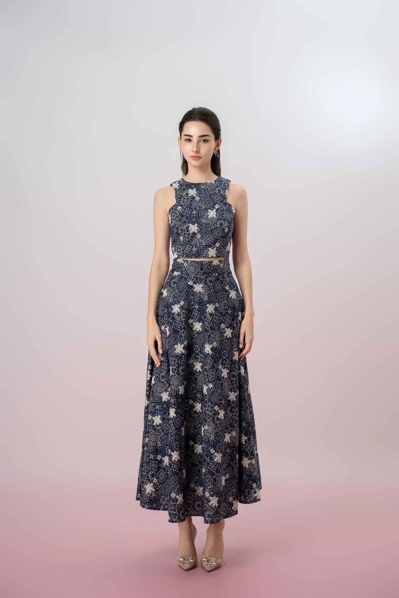 Geah White Print In Navy A - Line Skirt - Nimisski